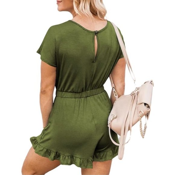 Womens One Piece Romper Tie Waist Back Keyhole Pockets Stretch Green SZ X Large - Picture 3 of 12